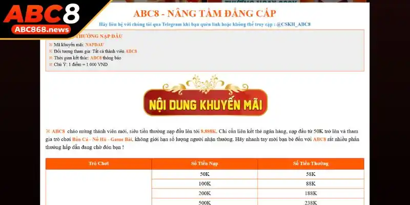 Khuyến mãi ABC8 nạp đầu tiên lên đến 8.888K